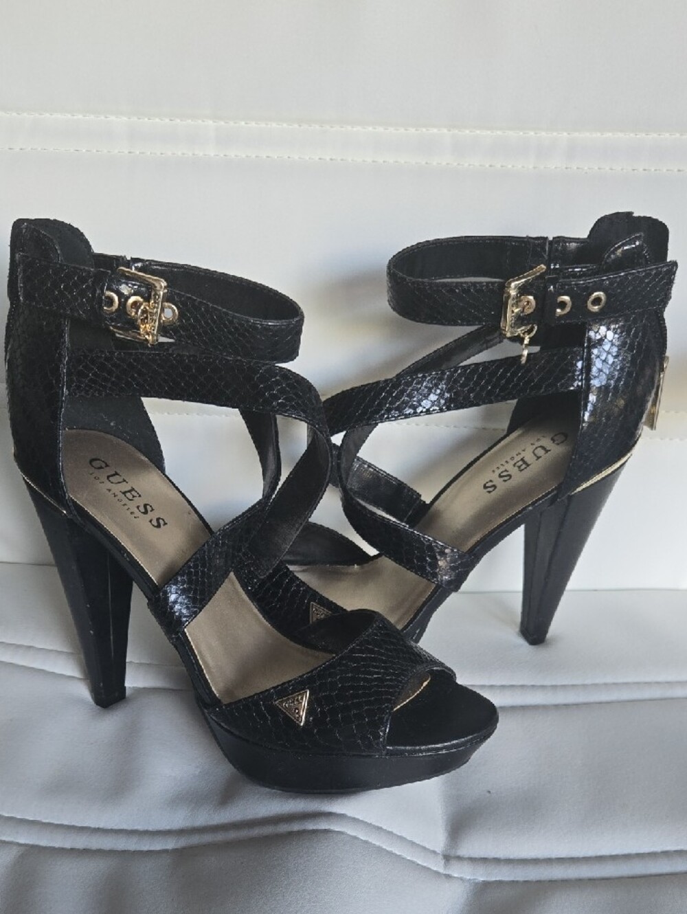 GUESS Black Snake-Texture Strappy High Heel Sandals - Picture 5 of 7